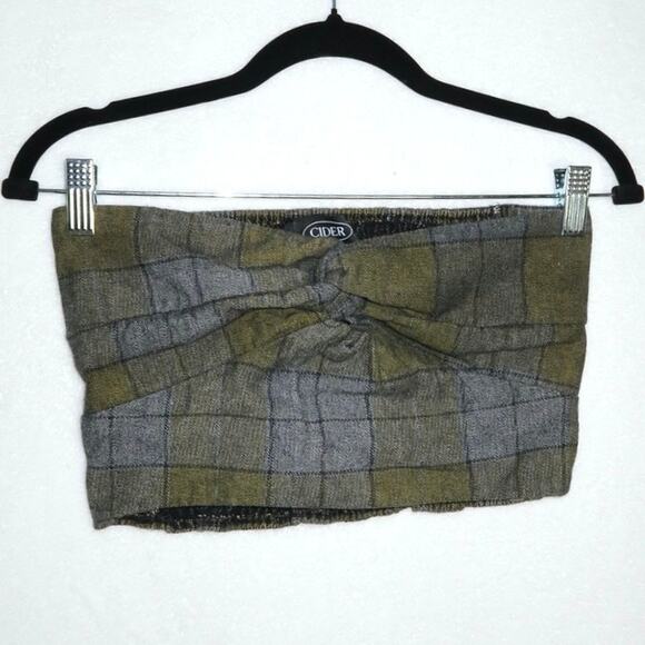Cinder crop plaid twist tube top green denim medium - Picture 1 of 3